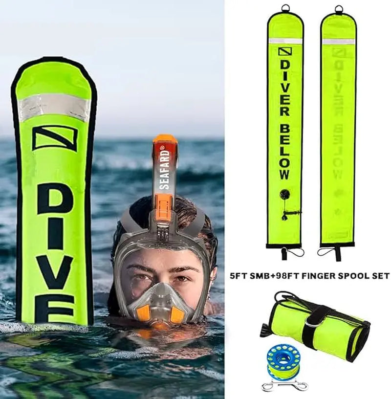 5Ft Scuba Diving Open Bottom Surface Marker Buoy (SMB) with 98Ft Finger Spool Alloy Dive Reel and Double Ended Bolt Clip