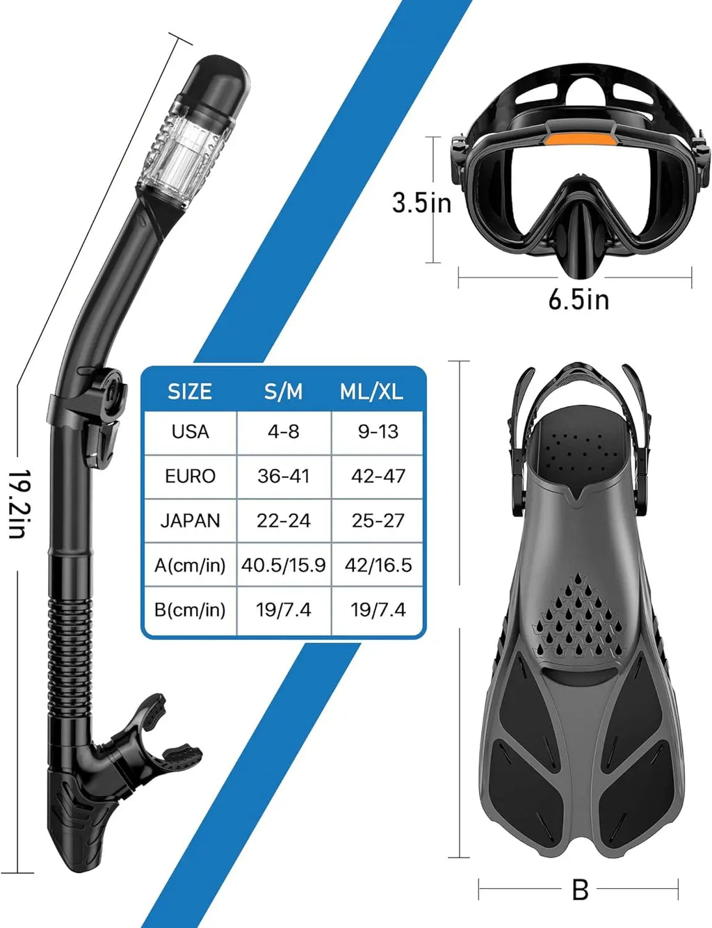 Greatever 4-In-1 Snorkeling Gear for Adults - Complete Snorkel Set with Panoramic View Diving Mask, Anti-Fog & Leak-Proof Design, Dry Top Snorkel, Fins, and Travel Bag - Ideal for Swimming, Snorkeling, and Diving Trips