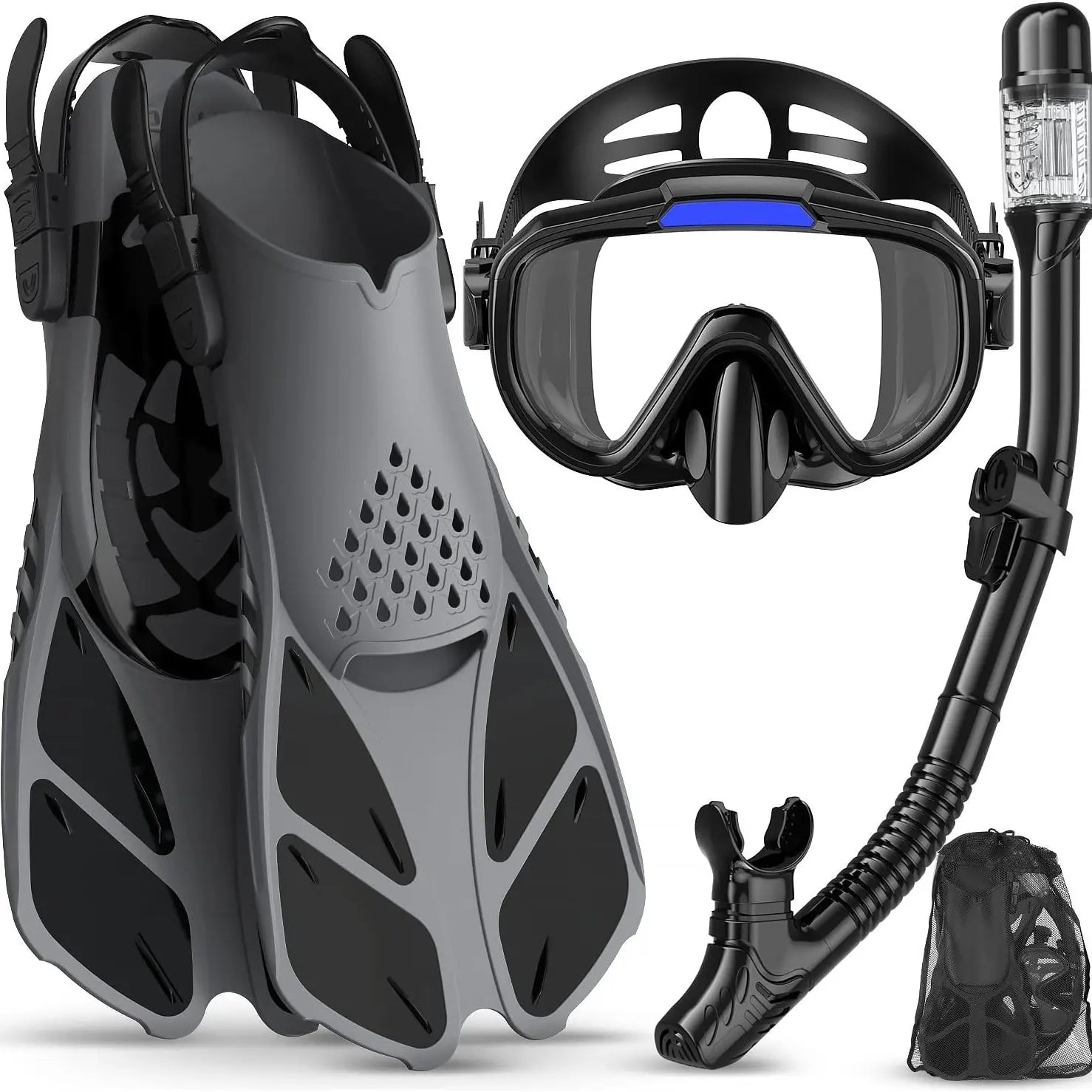 Greatever 4-In-1 Snorkeling Gear for Adults - Complete Snorkel Set with Panoramic View Diving Mask, Anti-Fog & Leak-Proof Design, Dry Top Snorkel, Fins, and Travel Bag - Ideal for Swimming, Snorkeling, and Diving Trips