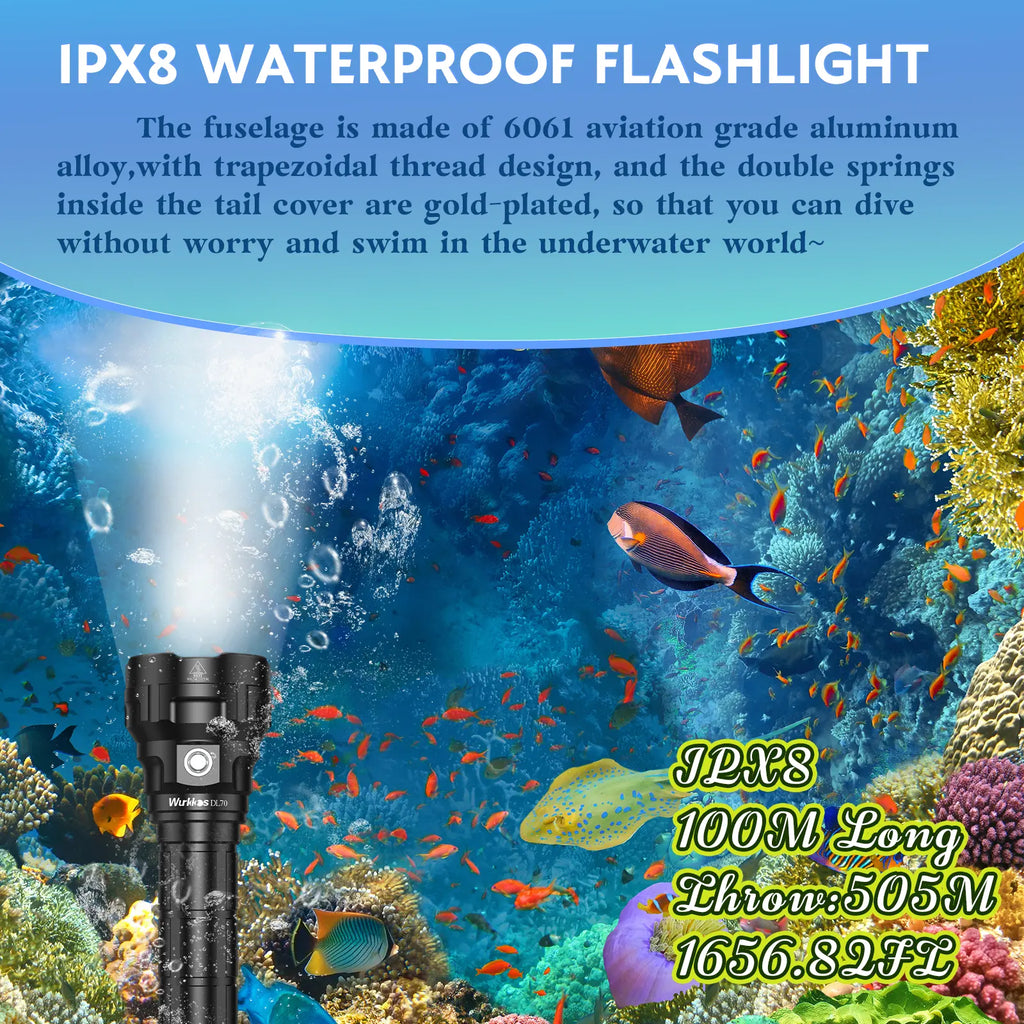 Wurrkos DL70 Dive Light,13000 Lumen Super Bright Scuba Diving Light with 4Pcs Led Dive Lights, 5000MAH Battery, IPX8 Waterproof Dive Torch Underwater 328Ft,4 Mode Night Dive Flashlight for Submarine Deep Sea Cave