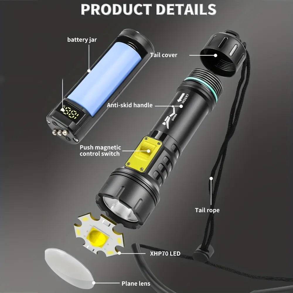 XHP70 Professional Diving Flashlight, Super Bright USB Rechargeable Waterproof Flashlight with Battery Indicator and Battery Charging Compartment, IPX8 Snorkeling Safety Dive Light, Suitable for Diving, Night Snorkeling, Outdoor, Diving Lamp