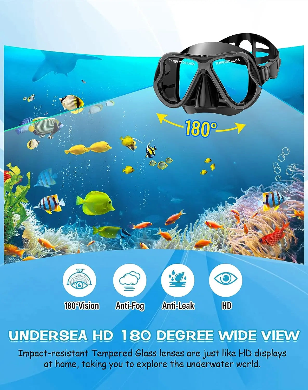 Greatever Premium Dry Snorkel Set – Tempered Glass Mask with Superior Seal, Panoramic Anti-Fog Design for Professional Scuba Diving & Snorkeling