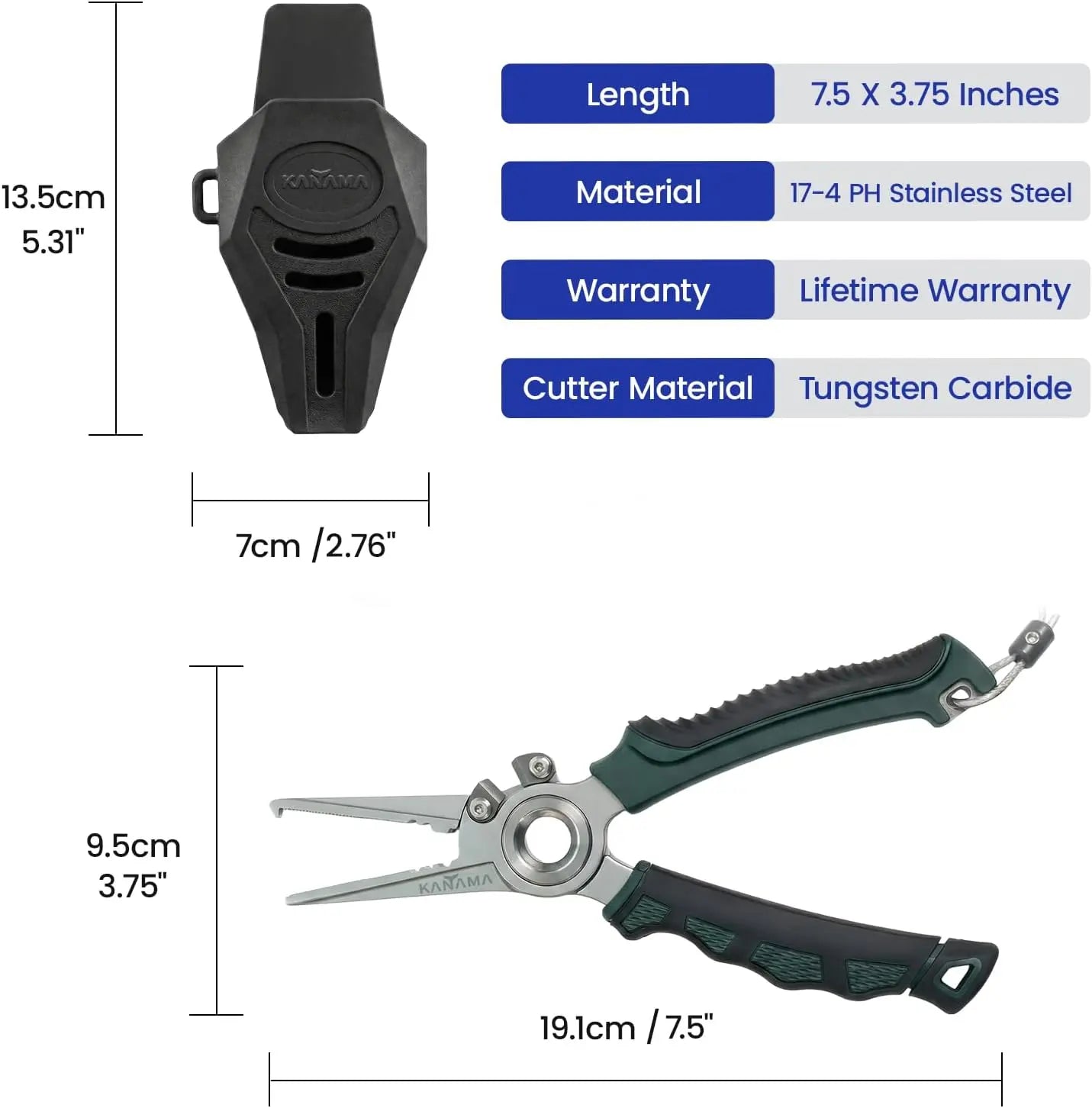 Stainless Steel Fishing Pliers, 7.5 Inch Rust Saltwater Fishing Pliers with Split Ring, Fish Hook Remover with Tungsten Carbide Braid Cutters, Non-Slip Handles Fishing Gifts for Men