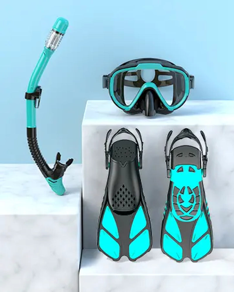 Greatever 4-In-1 Snorkeling Gear for Adults - Complete Snorkel Set with Panoramic View Diving Mask, Anti-Fog & Leak-Proof Design, Dry Top Snorkel, Fins, and Travel Bag - Ideal for Swimming, Snorkeling, and Diving Trips