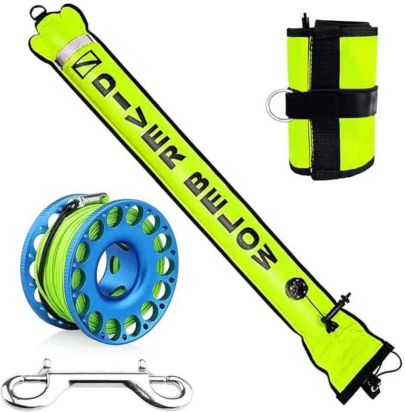 5Ft Scuba Diving Open Bottom Surface Marker Buoy (SMB) with 98Ft Finger Spool Alloy Dive Reel and Double Ended Bolt Clip
