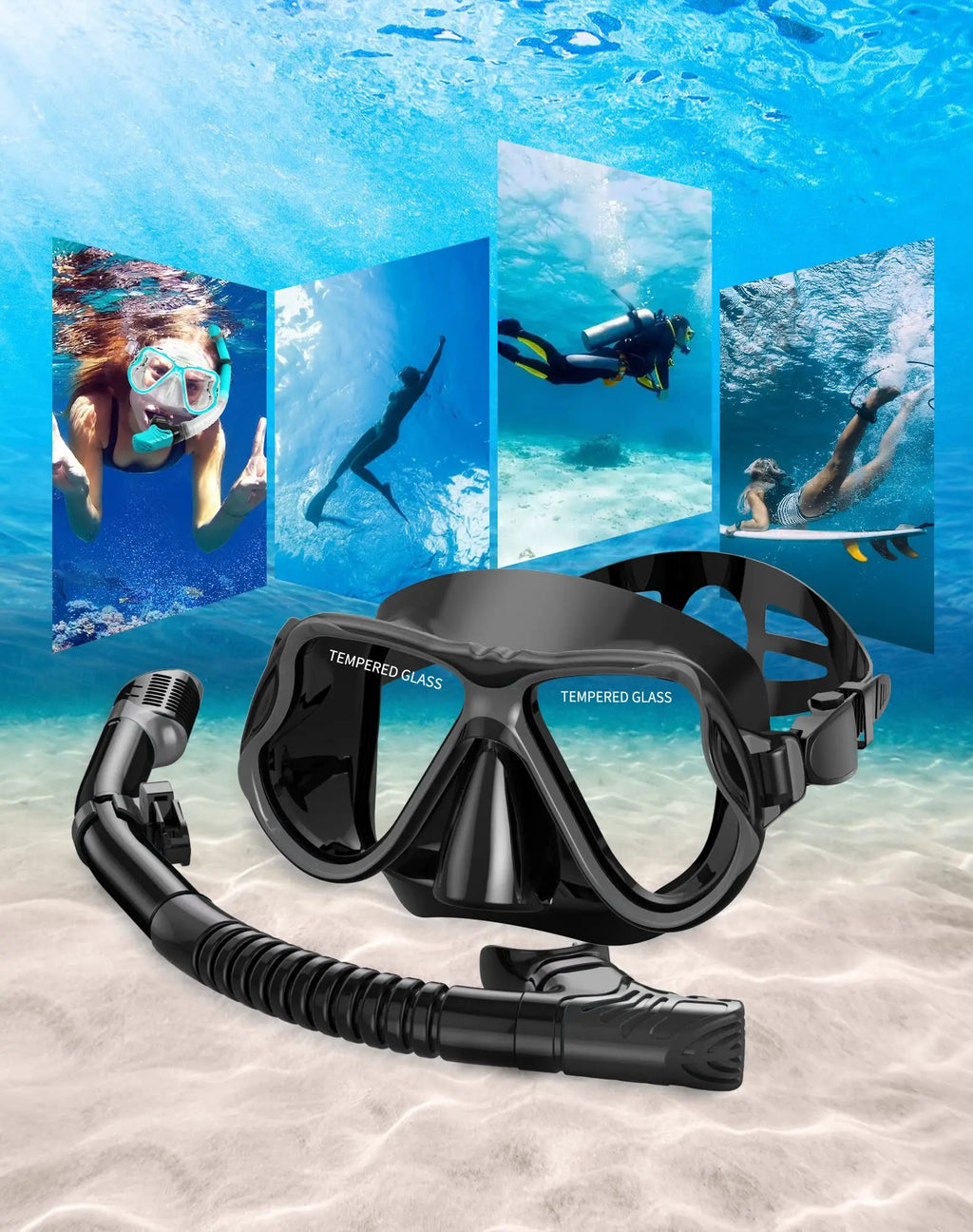 Greatever Premium Dry Snorkel Set – Tempered Glass Mask with Superior Seal, Panoramic Anti-Fog Design for Professional Scuba Diving & Snorkeling