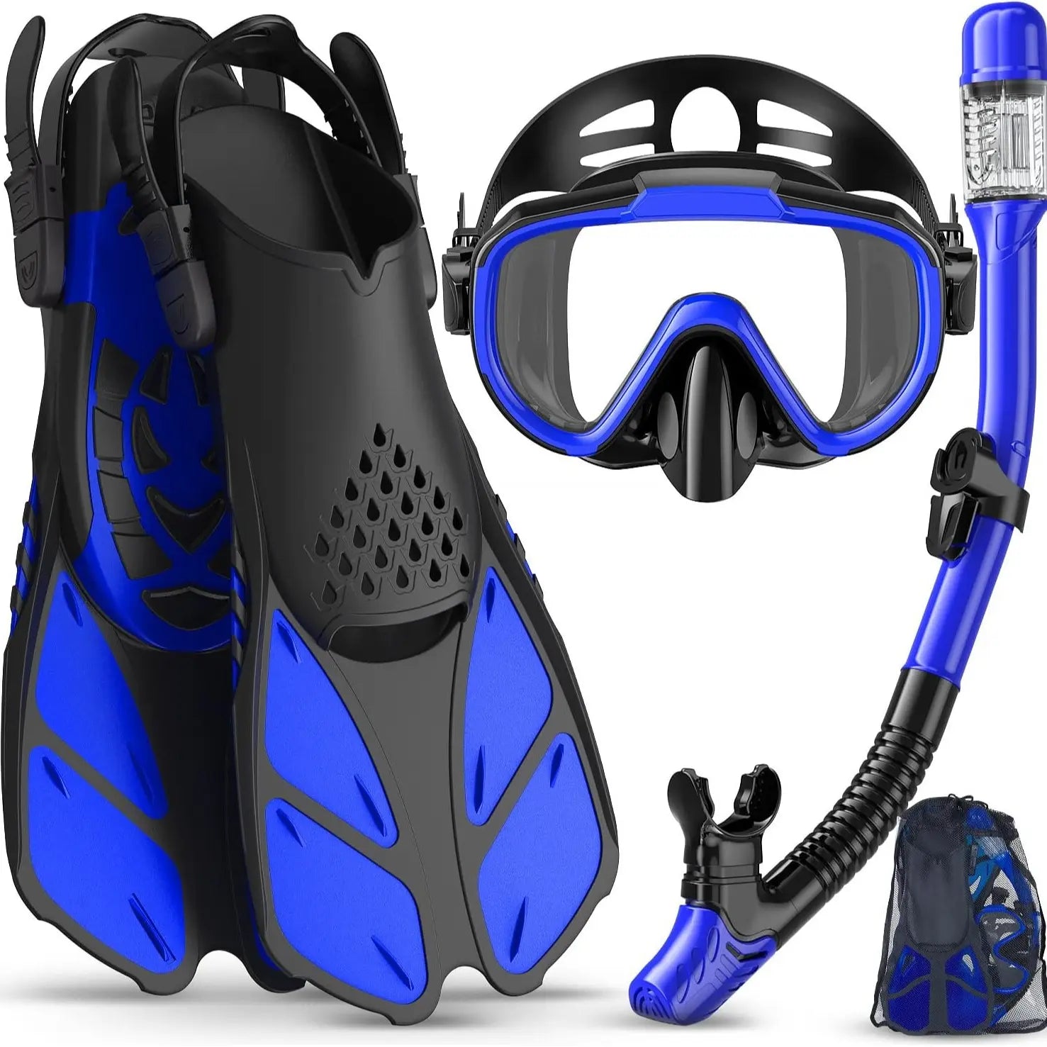 Greatever 4-In-1 Snorkeling Gear for Adults - Complete Snorkel Set with Panoramic View Diving Mask, Anti-Fog & Leak-Proof Design, Dry Top Snorkel, Fins, and Travel Bag - Ideal for Swimming, Snorkeling, and Diving Trips