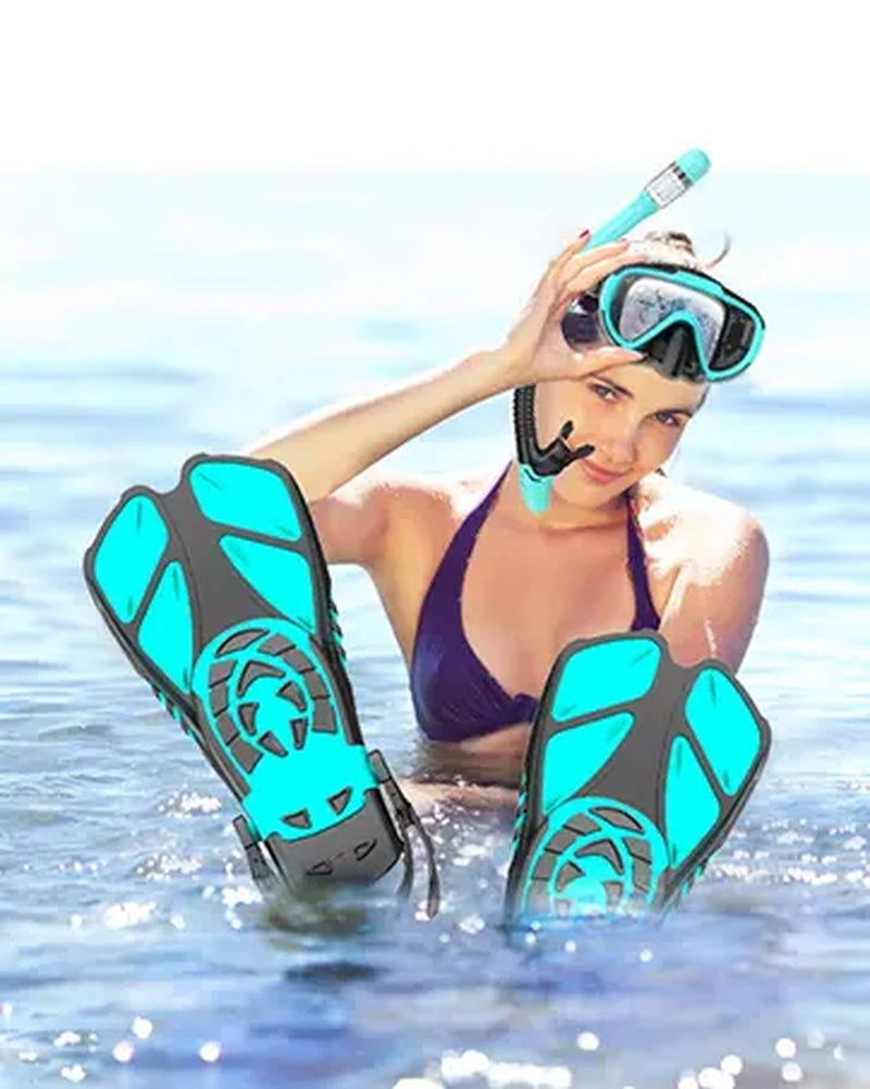 Greatever 4-In-1 Snorkeling Gear for Adults - Complete Snorkel Set with Panoramic View Diving Mask, Anti-Fog & Leak-Proof Design, Dry Top Snorkel, Fins, and Travel Bag - Ideal for Swimming, Snorkeling, and Diving Trips