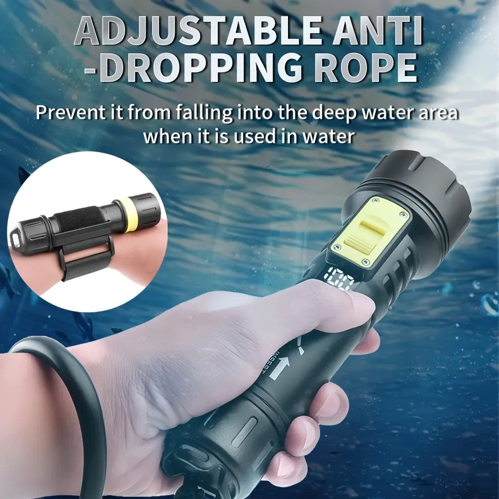 XHP70 Professional Diving Flashlight, Super Bright USB Rechargeable Waterproof Flashlight with Battery Indicator and Battery Charging Compartment, IPX8 Snorkeling Safety Dive Light, Suitable for Diving, Night Snorkeling, Outdoor, Diving Lamp
