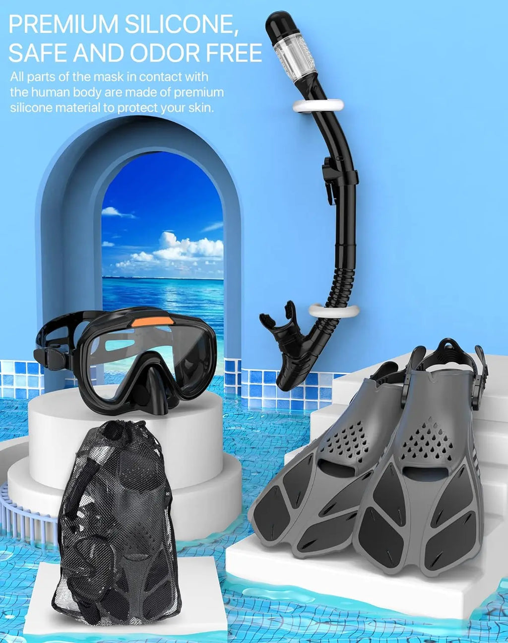 Greatever 4-In-1 Snorkeling Gear for Adults - Complete Snorkel Set with Panoramic View Diving Mask, Anti-Fog & Leak-Proof Design, Dry Top Snorkel, Fins, and Travel Bag - Ideal for Swimming, Snorkeling, and Diving Trips