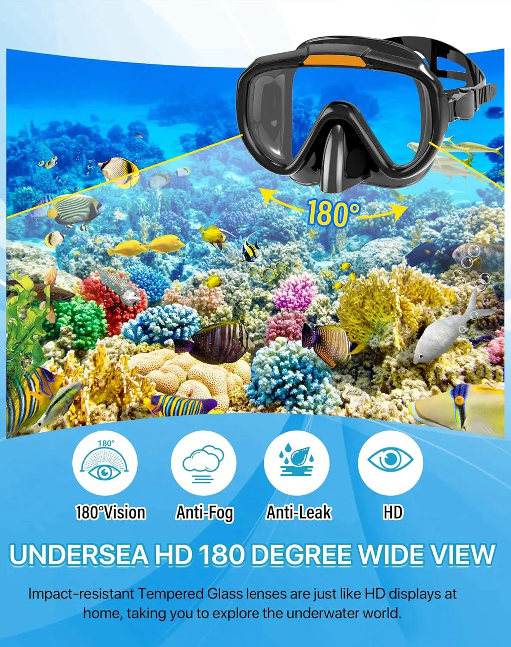 Greatever 4-In-1 Snorkeling Gear for Adults - Complete Snorkel Set with Panoramic View Diving Mask, Anti-Fog & Leak-Proof Design, Dry Top Snorkel, Fins, and Travel Bag - Ideal for Swimming, Snorkeling, and Diving Trips
