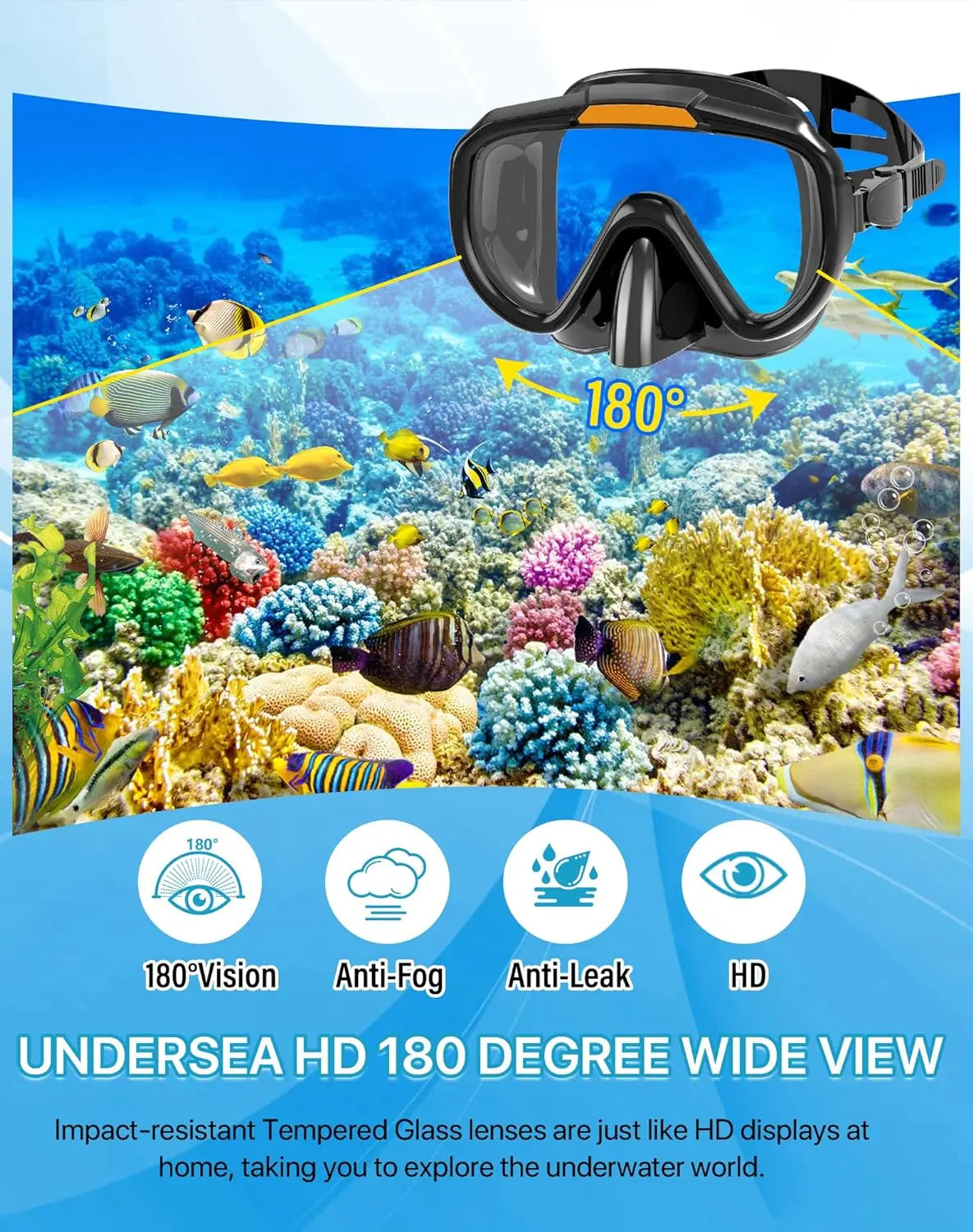 Greatever 4-In-1 Snorkeling Gear for Adults - Complete Snorkel Set with Panoramic View Diving Mask, Anti-Fog & Leak-Proof Design, Dry Top Snorkel, Fins, and Travel Bag - Ideal for Swimming, Snorkeling, and Diving Trips