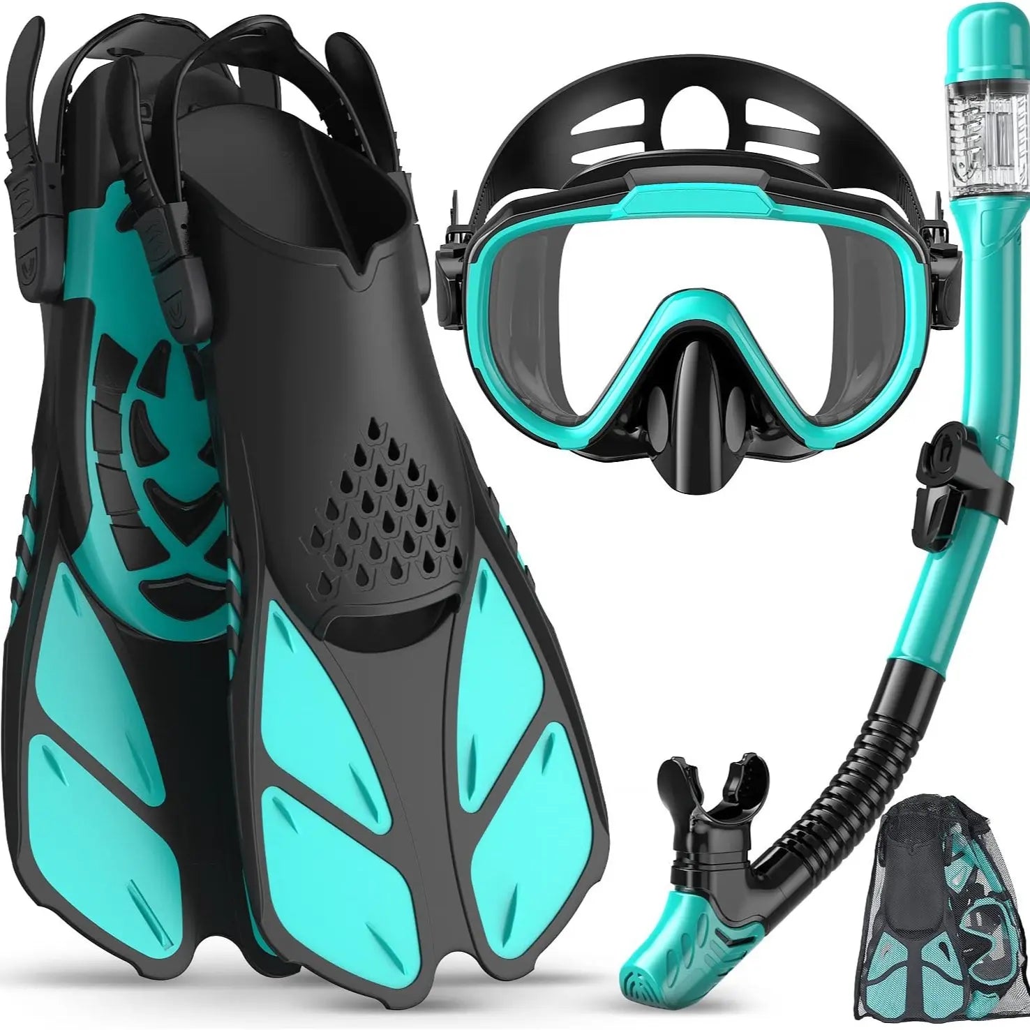 Greatever 4-In-1 Snorkeling Gear for Adults - Complete Snorkel Set with Panoramic View Diving Mask, Anti-Fog & Leak-Proof Design, Dry Top Snorkel, Fins, and Travel Bag - Ideal for Swimming, Snorkeling, and Diving Trips