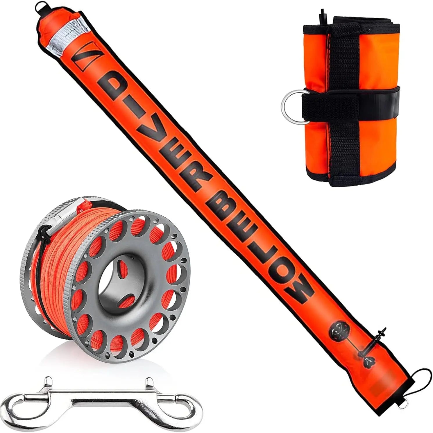 5Ft Scuba Diving Open Bottom Surface Marker Buoy (SMB) with 98Ft Finger Spool Alloy Dive Reel and Double Ended Bolt Clip