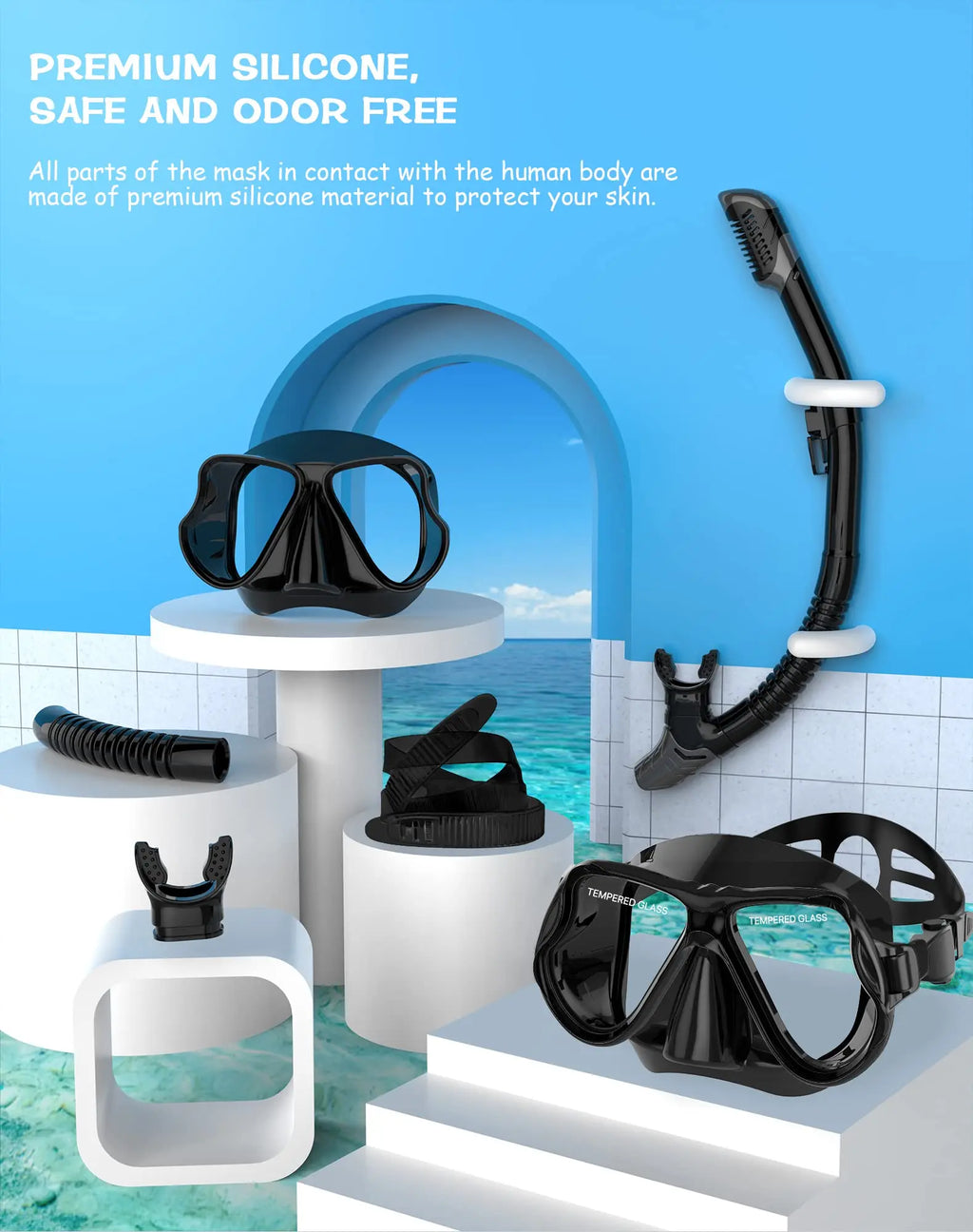 Greatever Premium Dry Snorkel Set – Tempered Glass Mask with Superior Seal, Panoramic Anti-Fog Design for Professional Scuba Diving & Snorkeling