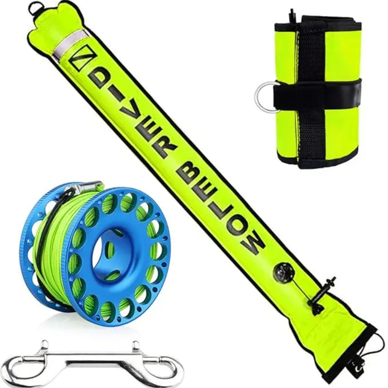 5Ft Scuba Diving Open Bottom Surface Marker Buoy (SMB) with 98Ft Finger Spool Alloy Dive Reel and Double Ended Bolt Clip