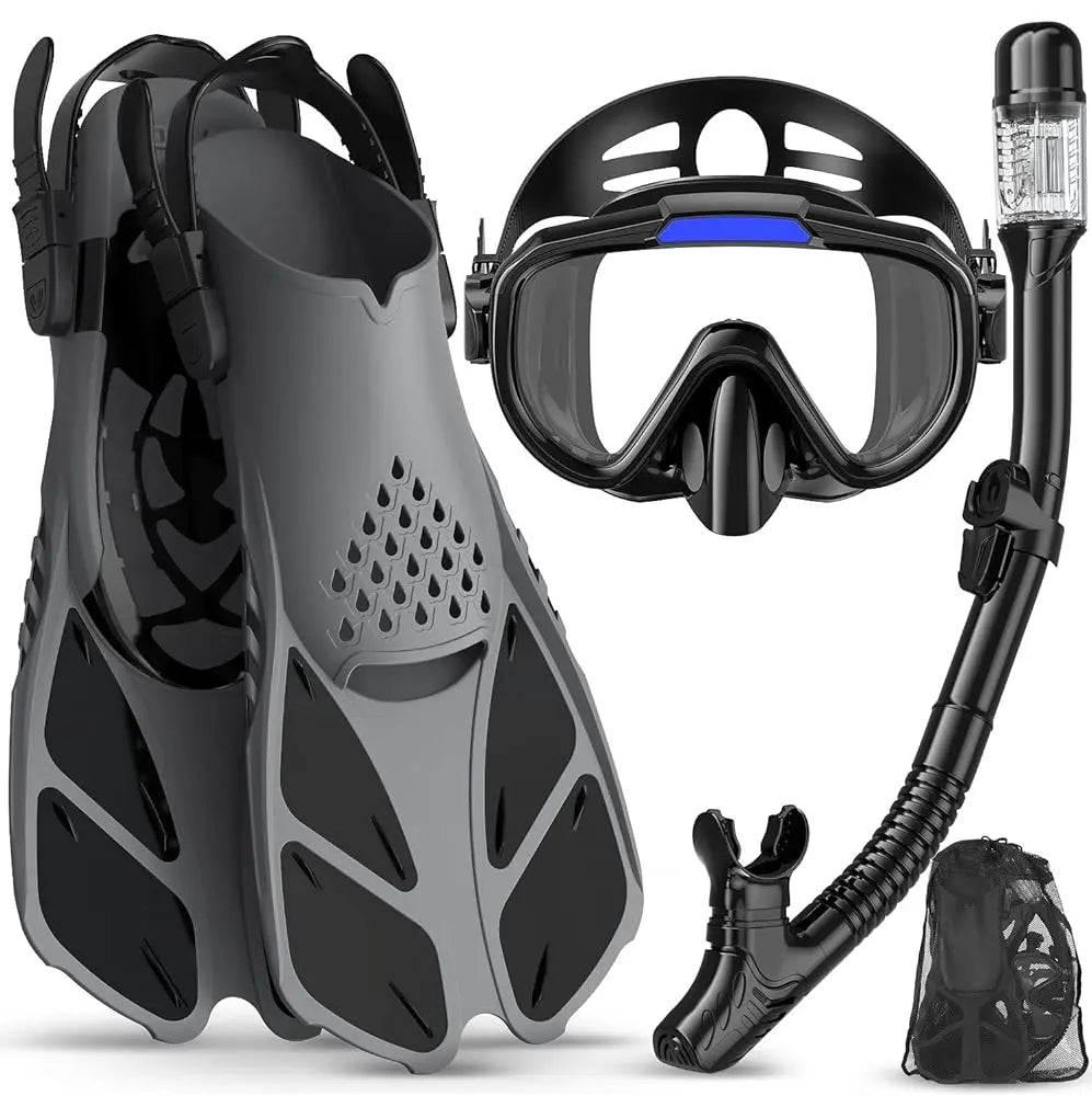 Greatever 4-In-1 Snorkeling Gear for Adults - Complete Snorkel Set with Panoramic View Diving Mask, Anti-Fog & Leak-Proof Design, Dry Top Snorkel, Fins, and Travel Bag - Ideal for Swimming, Snorkeling, and Diving Trips