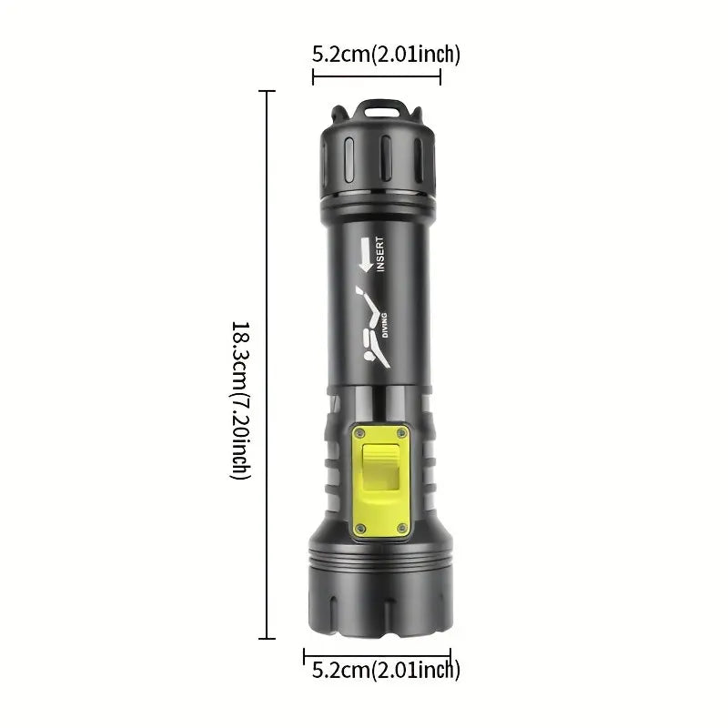 XHP70 Professional Diving Flashlight, Super Bright USB Rechargeable Waterproof Flashlight with Battery Indicator and Battery Charging Compartment, IPX8 Snorkeling Safety Dive Light, Suitable for Diving, Night Snorkeling, Outdoor, Diving Lamp